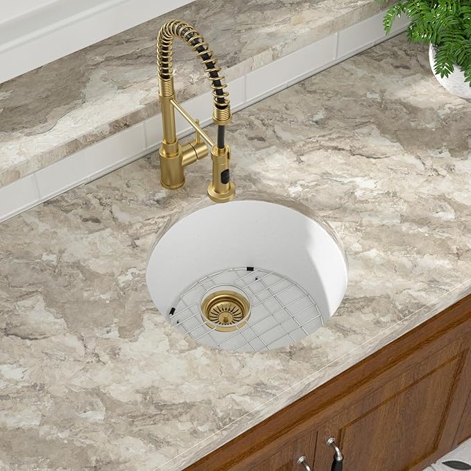Mocoloo 18 Inch Round Bar Sink Undermount - White Granite Composite Quartz Prep Sinks Small Kitchen Sink for Island or RV