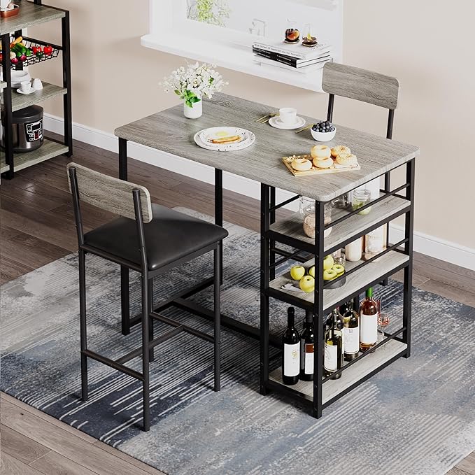 TrailBlaze Compact 3-Piece Dining Table Set for 2 with 3 Storage Shelves, Upholstered Chairs - Space-Saving Kitchen & Bar Table - Perfect for Apartment or Small Dining Room - Rustic Grey - 1+2 Set