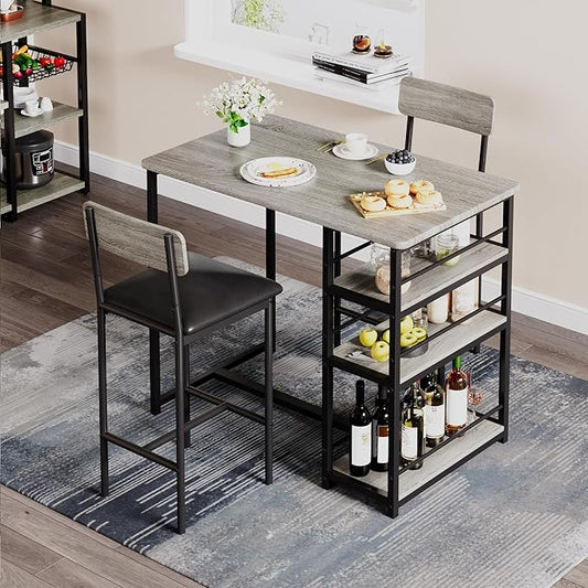 TrailBlaze Compact 3-Piece Dining Table Set for 2 with 3 Storage Shelves, Upholstered Chairs - Space-Saving Kitchen & Bar Table - Perfect for Apartment or Small Dining Room - Rustic Grey - 1+2 Set
