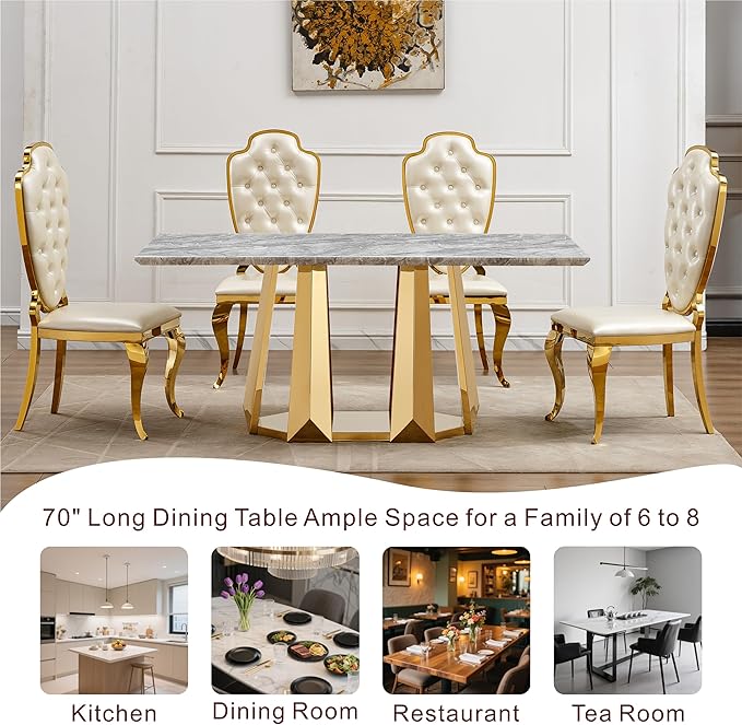 70" Marble Dining Table for 6-8, Modern Luxury Gold Rectangular Large Kitchen Table, Marble Grain MDF Tabletop & Stainless Steel Base, Dinner Furniture for Kitchen Dining Room, Meeting Room, Grey