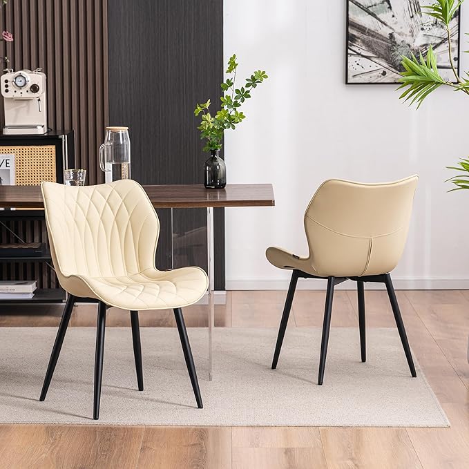 Kidol & Shellder Dining Chairs Set of 2, PU Leather Upholstered Kitchen Chairs with Back Armless, Mid Century Modern Side Chair for Dining Room, Living Room, Lounge, Restaurant, Beige