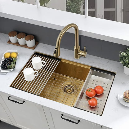 31 Inch Gold Kitchen Sink Undermount, 31x18 Stainless Steel Undermount Sink Workstation Brushed Gold 16 Gauge 10" Deep Single Bowl Kitchen Sinks with Cutting Board