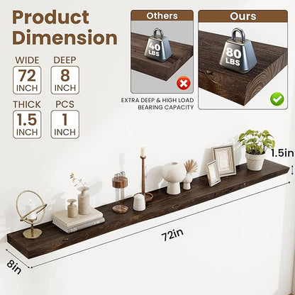 Acovy Extra Deep 72" Long Live Edge Rustic Floating Shelves for Wall, Solid Wood Wall Shelves with Invisible Bracket Mount for Living Room Bathroom Bedroom Kitchen, Set of 1, Natural
