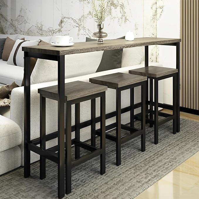 Merax 4-Piece Counter Height 60.2inch Extra Long Dining Table Set with 3 Stools and Side Table with Footrest,Space-Saving Pub Kitchen Set,Gray