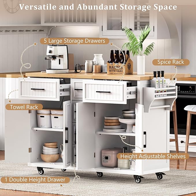 Ball & Cast 56.5" Large Kitchen Island with Drop Leaf and Power Outlet,Embossed Vertical Stripe Rolling Kitchen Cart on Wheels W/Adjustable Shelves,4 Doors & 5 Deep Drawers,for Dining Room,White