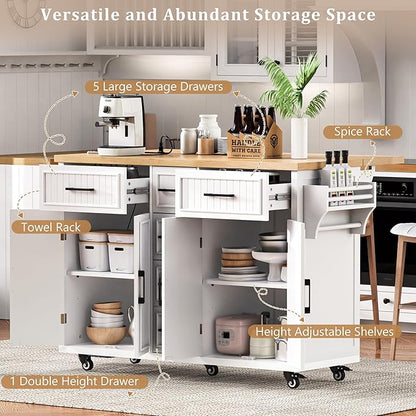 Ball & Cast 56.5" Large Kitchen Island with Drop Leaf and Power Outlet,Embossed Vertical Stripe Rolling Kitchen Cart on Wheels W/Adjustable Shelves,4 Doors & 5 Deep Drawers,for Dining Room,White