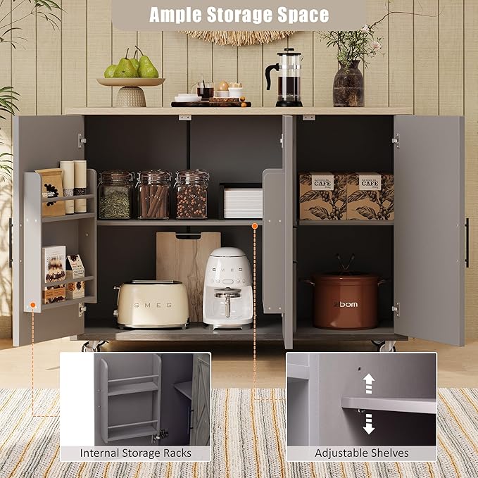 51.2"W Geometric Twill Stripe Textured Design Island with Drop Leaf, Farmhouse Kitchen Cart on Wheels with Internal Storage Rack, Rolling Kitchen Cart with Towel Rack (Brown@044)
