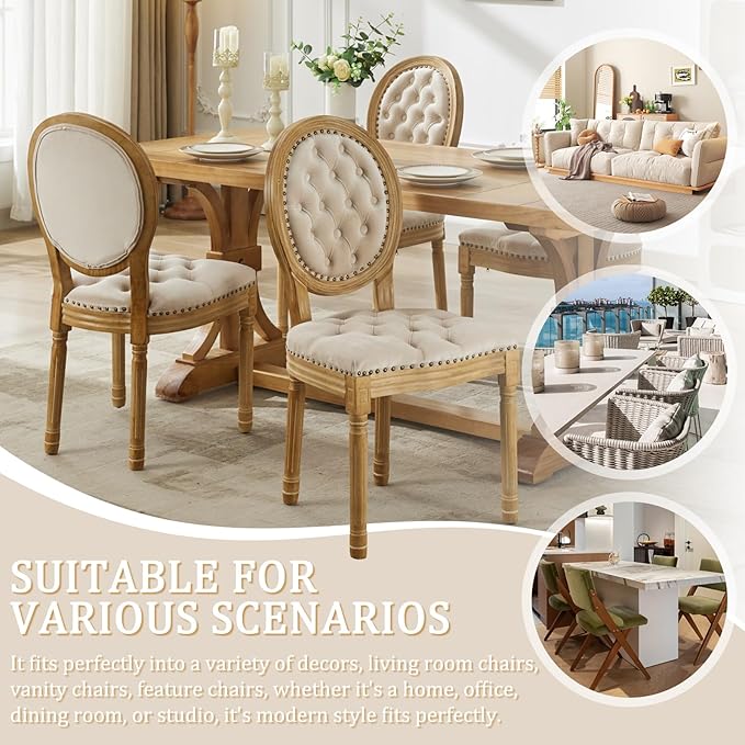 Velvet Dining Chairs Set of 2, Vintage Wooden Dining Chair with Solid Wood Legs, Upholstered Farmhouse Kitchen Chair for Living Room, Restaurant, Bedroom (Beige, Set of 2)