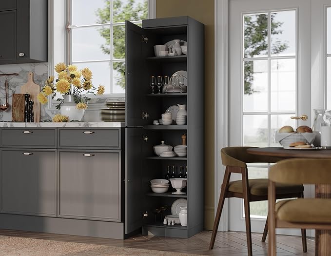 Palace Imports Solid Wood Pantry Cabinet - Tall Narrow Storage Cabinet with Raised Panel Doors - 16.5" W x 71.5" H - Gray, Kitchen Cupboard, Adjustable Shelves, 100% Eco-Friendly Wood, Modular