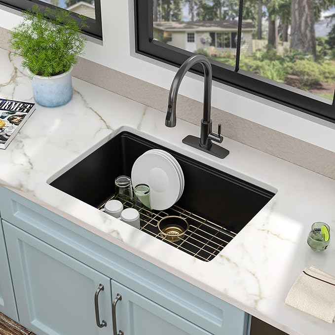 28 Granite Composite Kitchen Sink - Fulorni 28"x19" Granite Kitchen Sink Black Undermount Ledge Workstation Quartz Classic Matte Black Luxury Under Counter Single Bowl Basin