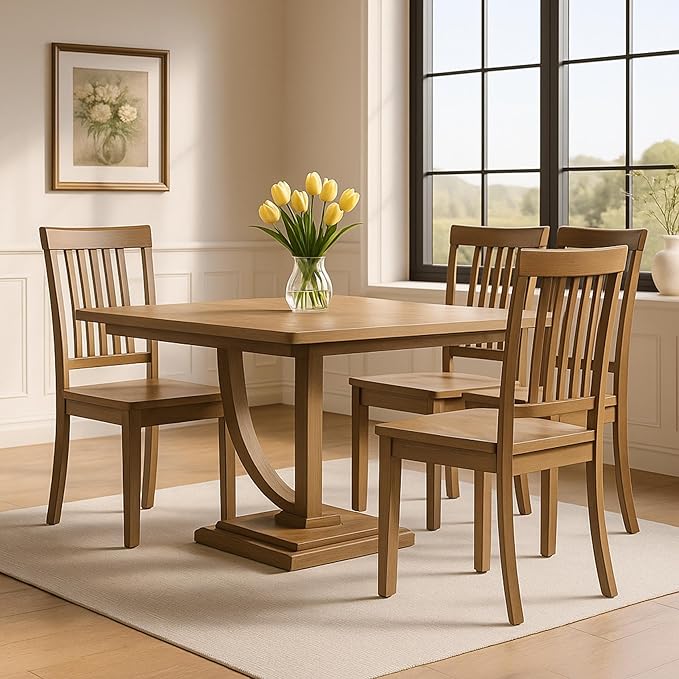 COLAMY Wooden Dining Chairs Set of 4, Spindle High Back Windsor Kitchen Side Chair, Farmhouse Dining Chairs for Kitchen and Dining Room, Light Brown