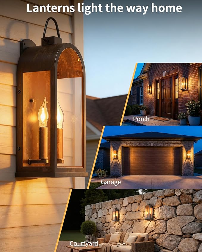 Outdoor Wall Light Fixtures, 2-Light Porch Lights Outdoor, Matte Bronze Exterior Waterproof Wall Sconce with Glass Shade, Outside Lantern for House Doorway Patio Entryway, E12 Socket, 2 Pack