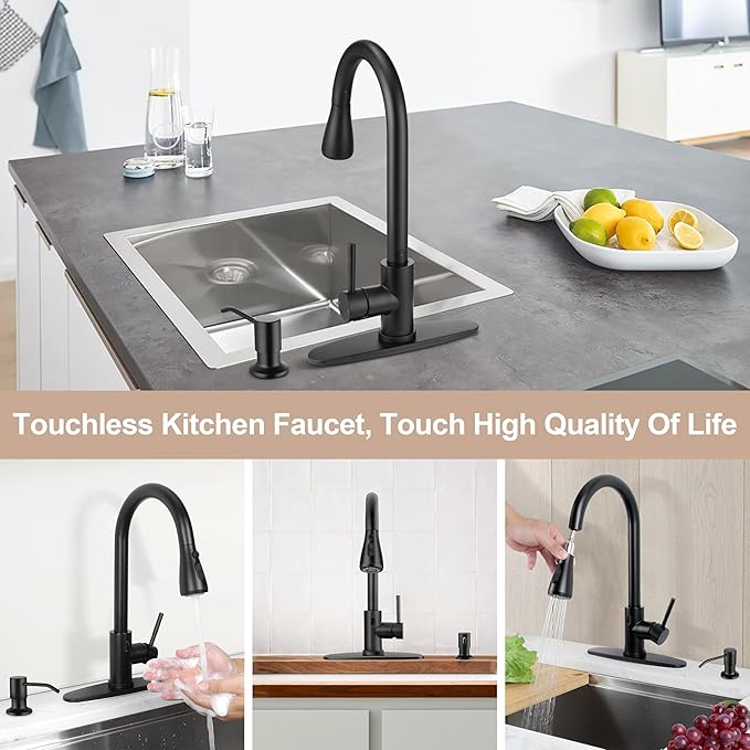 Touchless Kitchen Sink Faucet with Pull Down Sprayer, Herogo Matte Black Stainless Steel Motion Sensor Faucet with Soap Dispenser, Single Handle Smart Activated Kitchen Tap for Farmhouse RV Sink