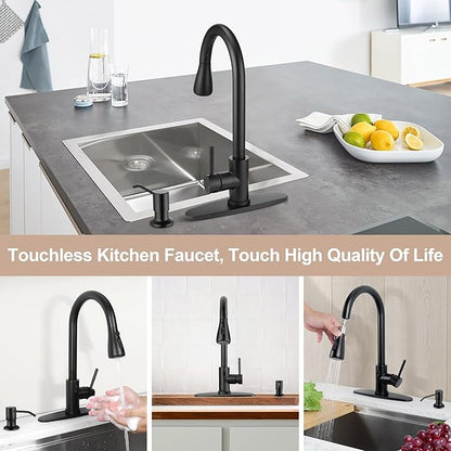 Touchless Kitchen Sink Faucet with Pull Down Sprayer, Herogo Matte Black Stainless Steel Motion Sensor Faucet with Soap Dispenser, Single Handle Smart Activated Kitchen Tap for Farmhouse RV Sink