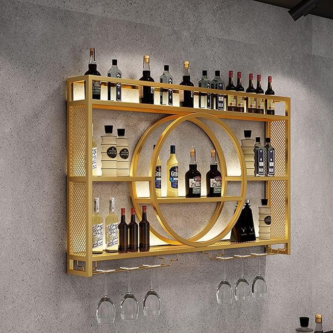 Metal Wine Rack Wall Mounted with LED Light, 3-Tier Bar Liquor Shelf with Wine Glass Holder, Modern Large Capacity Liquor Bottle Display Storage Shelf for Home Bar, Dining Room(Gold, 120 * 80 * 15)