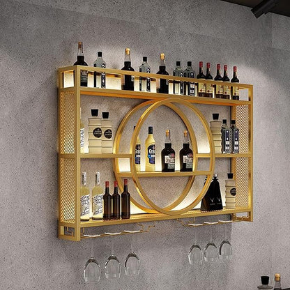 Metal Wine Rack Wall Mounted with LED Light, 3-Tier Bar Liquor Shelf with Wine Glass Holder, Modern Large Capacity Liquor Bottle Display Storage Shelf for Home Bar, Dining Room(Gold, 120 * 80 * 15)