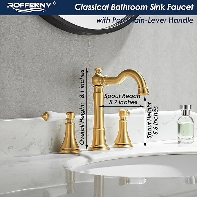 Porcelain Brushed Gold Bathroom Faucet 8 inch Widespread for 3 Holes with Plastic Pop-Up Drain & 2Pcs Water Supply Lines, Classical 2-Handle Gold Vanity Sink Faucets, 360° Swivel Brass Spout