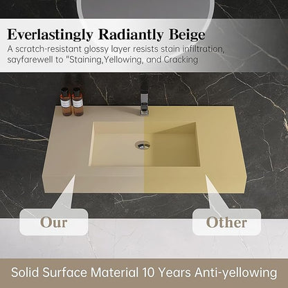 35" x 19" Bathroom Sink with Single Faucet Hole, Stone Resin Wall Mount Sink, Rectangle Solid Surface Vessel Sinks for Bathroom, Floating or Countertop Vessel Sinks, Latte Color