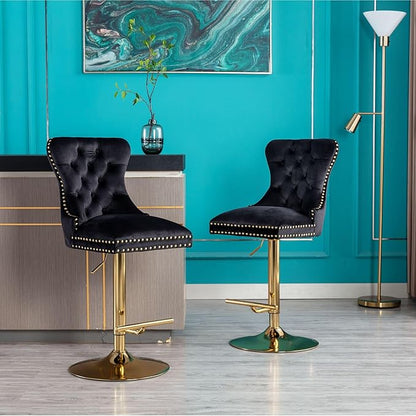 Rhomtree 27-36 Inch Swivel Bar Stools, Adjustable Counter Height Barstools with Tufted High Back & Ring Pull Golden Footrest, Upholstered Bar Chairs for Home Bar Kitchen Island(Black Set of 2)