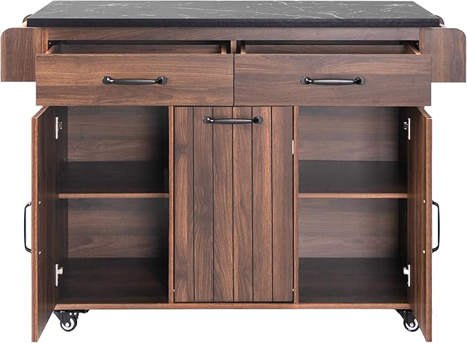 51.06" Mobile Kitchen Drop Leaf and Multipurpose Tilt-out Trash Can,Storage Cabinet w/Spice, Towel Rack & Drawer & Adjustable Shelf,Rolling Islands on Wheels, 50.25", Walnut Brown