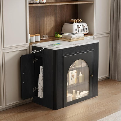 15.6" - 59" Extendable Dining Table, Mobile Kitchen Island with Storage Cabinet, Power Outlet and LED Lights, Space-Saving Dining Table for Small Spaces, Black and Marble White