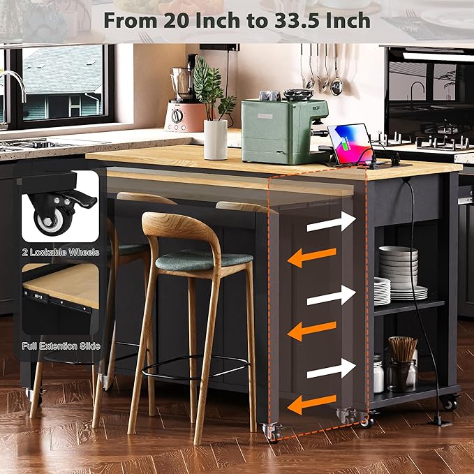 Modern Dining Table Extendable Kitchen Island with Rack Power Outlet Adjustable Sturdy Stable Easy Clean Counter Console Luxury Rubber Wood Veneer,Black-MDF