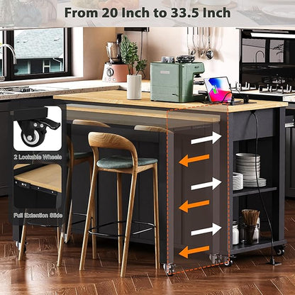 Modern Dining Table Extendable Kitchen Island with Rack Power Outlet Adjustable Sturdy Stable Easy Clean Counter Console Luxury Rubber Wood Veneer,Black-MDF