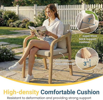 Wisteria Lane Acacia Patio Dining Chairs Set of 2, Outdoor Wood Chairs with Thick Cushions, Modern Patio Seating with Woven Rope Backrest for Porch, Backyard, Garden, Indoor Use, Beige