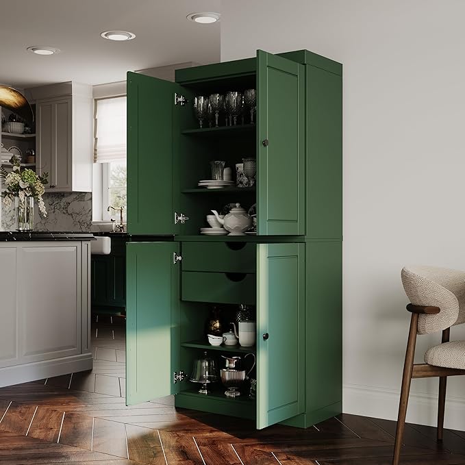 Palace Imports Solid Wood Kitchen Pantry Cabinet - 71.5" H x 32" W, Tall Storage Cupboard - Green, Adjustable Shelves & 2-Drawer Kit for Living Space, 100% Renewable Eco-Friendly Wood, Made in Brazil