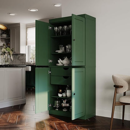 Palace Imports Solid Wood Kitchen Pantry Cabinet - 71.5" H x 32" W, Tall Storage Cupboard - Green, Adjustable Shelves & 2-Drawer Kit for Living Space, 100% Renewable Eco-Friendly Wood, Made in Brazil