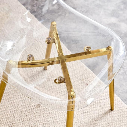 Round Glass Dining Table Set with 4 Transparent Plastic Chairs, 42 Inch Diameter Clear Tempered Glass Top with Gold Metal Legs, Contemporary Aesthetic for Dining Room and Kitchen