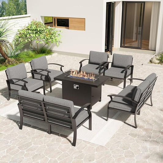 Metal Outdoor Patio Furniture Set for 8,Aluminum Patio Sectional Set w/Propane Fire Pit Table,Outside Furniture w/Removable Sponge Cushion for Porch, Balcony, Yard,Gray