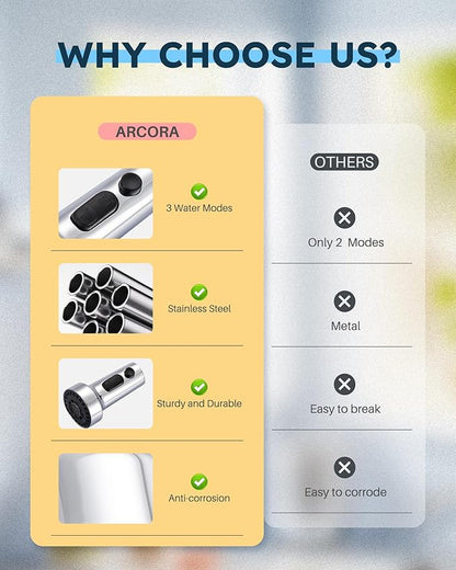 Pull Down Faucet Head Replacement: ARCORA Stainless Steel Kitchen Faucet Head with 13 Adapters - Chrome 3-Function Pull Down Spray Head Compatible with Moen, Delta, American Standard Faucets