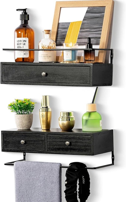 DreamPossible Floating Shelves - Wall Mounted Bathroom Shelf Set of 2 with Drawers, Rustic Wood Shelves for Bedroom, Living Room, Kitchen, Home Decor, Plants, Books (Black)