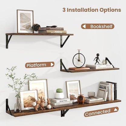 Axeman 24 Inch Floating Shelves | 8 Inch Deep Brown Wall Shelves Set of 2 | 24''W x 8''D Rustic Brown Wood Shelves for Bathroom Kitchen Living Room Bedroom Home Office