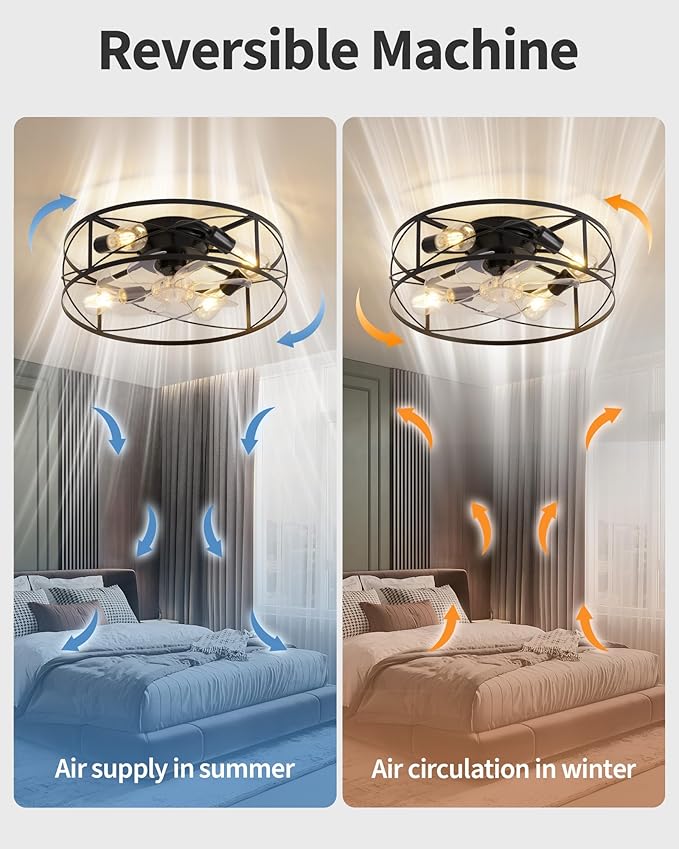 KDG 15.8″ Retro Low Profile LED Ceiling Fans with Light, Reversible Ceiling Fans Flush Mount with Remote and 6 Speeds, E26 Base Buld for Bedroom, Dinning Room, Kids Room, Kitchen