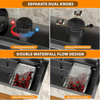 Mocoloo 30 Inch Black Honeycomb Waterfall Kitchen Sink Drop in, 30x19 Inch Stainless Steel Workstation Sink 16 Gauge Topmount Single Bowl Sink with Complete Kit