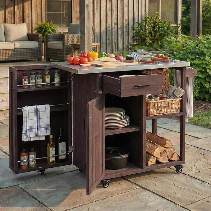 JIJIWANG 35.6" Outdoor Kitchen Island with Stainless Steel Top and Towel and Spice Racks, Rolling Kitchen Island with Storage for Small Spaces Patio Dark Brown