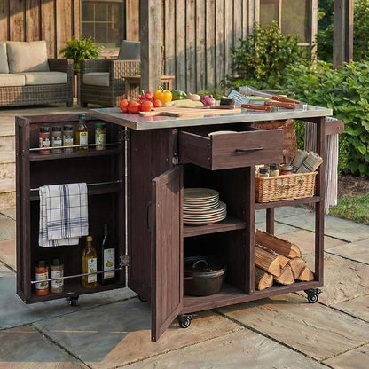 JIJIWANG 35.6" Outdoor Kitchen Island with Stainless Steel Top and Towel and Spice Racks, Rolling Kitchen Island with Storage for Small Spaces Patio Dark Brown
