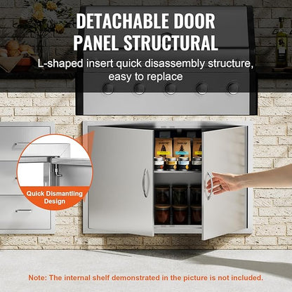 VEVOR BBQ Access Door, 39W x 26H Inch Double Outdoor Kitchen, Stainless Steel Flush Mount, Wall Vertical with Handles and Hooks, for BBQ Island, Grilling Station, Outside Cabinet