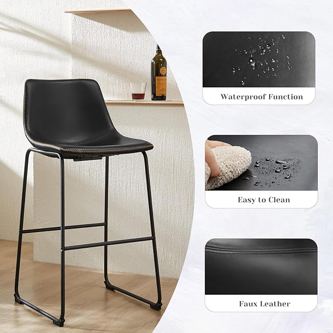 DUMOS Counter Height Bar Stools Set of 2, 30 inch Height Stool Faux Leather Barstools with Back, Armless Kitchen Island Countertop Comfortable Modern Chairs with Metal Legs - Classic Black