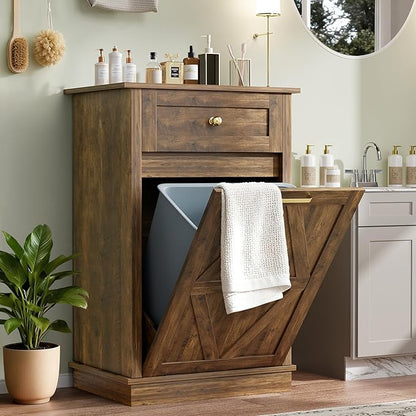 YESHOMY 10 Gallon Tilt-Out Trash Cabinet, Wooden Hidden Garbage Can Holder with Storage Drawers for Kitchen and Dining Room, Dark Brown (2 Piece)