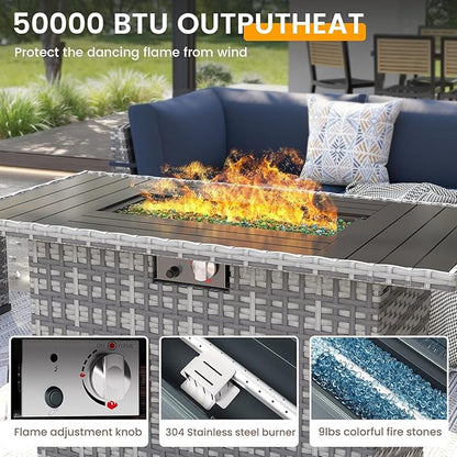 UDPATIO Patio Furniture Set with Fire Pit Table, 8 Pieces Outdoor Sectional Sofa, PE Wicker Patio Conversation Set for Garden, Backyard (Grey Cushions with Grey Rattan)