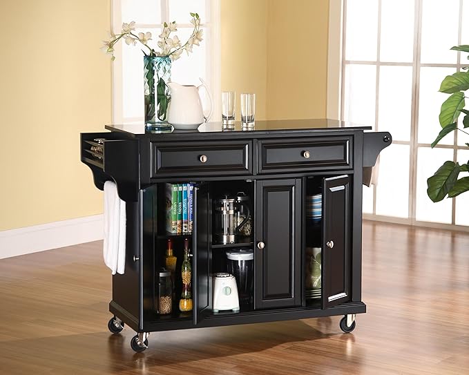 Crosley Furniture Full Size Granite Top Rolling Kitchen Island Storage Cart, Microwave Stand, Spice Rack, Black