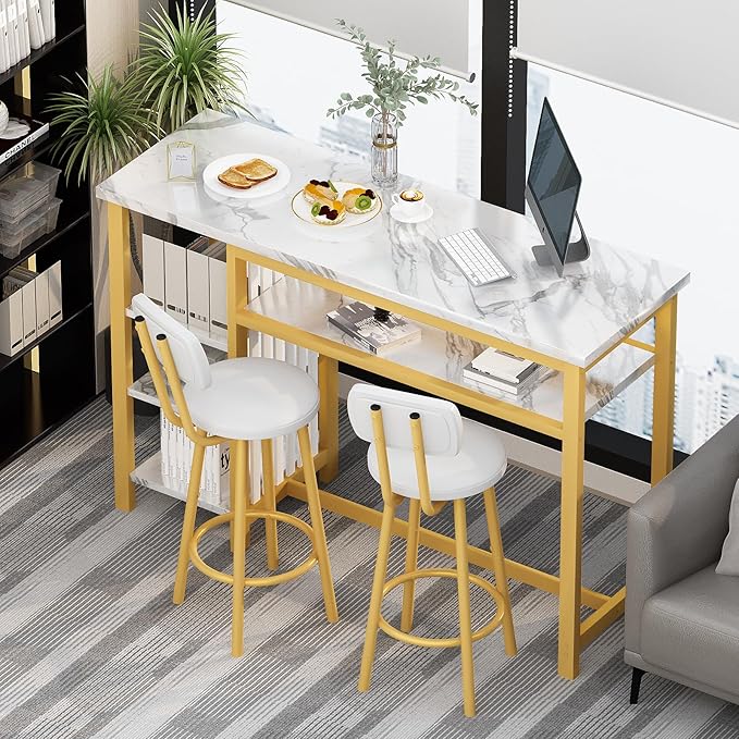 Lamerge Furniture Kitchen Bar Height Table and Chairs for 2, 5-Tier Compact Dining Room Table, White Faux Marble Top and 2 PU Leather Upholstered Seat, Modern Diningroom Set for Home/Studio/Office