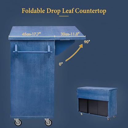 Navy Blue#015 51.2" W 3D Wave Stripes Ash Veneer Kitchen Island with Drop Leaf, Farmhouse Style on Wheels, Rolling Cart with Internal Storage Rack