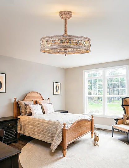 Rustic Chandelier Ceiling Fan with Light,Farmhouse Distressed Wood-Look Caged Bladeless Fandelier,Enclosed Cozy Cottage Crystal Light Fixture,Hanging/Flush Mount for Bedroom,Kitchen,Dining Room,Foyer