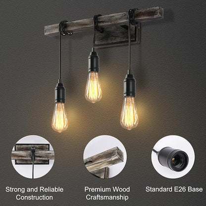 3 Lights Vintage Wall Sconce, Farmhouse Industrial Bare Bulb Wire Wrapped Wood Beam Linear Bathroom Vanity Light
