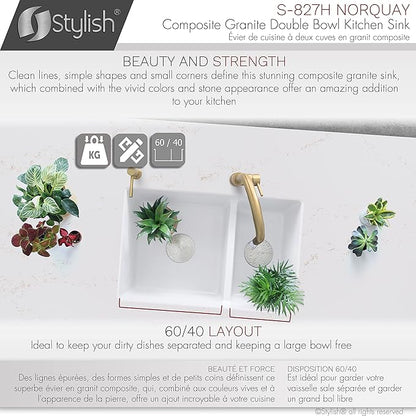 Stylish 27.25 x 18.75 Inch Drop In or Undermount Kitchen Sink Double Bowl Workstation 9.5 Inches Deep Granite Composite Kitchen Sinks with Regular Strainers White, S-827H