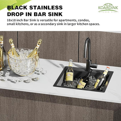 Black Kitchen And Bar Sink, 18x18 Inch Stainless Steel Drop In Modern Single Bowl Small Kitchen And Bar Sink Combo-SS Grid,Silicon Mat,Drain Strainer Set Compatibility With Modern&Classic Style